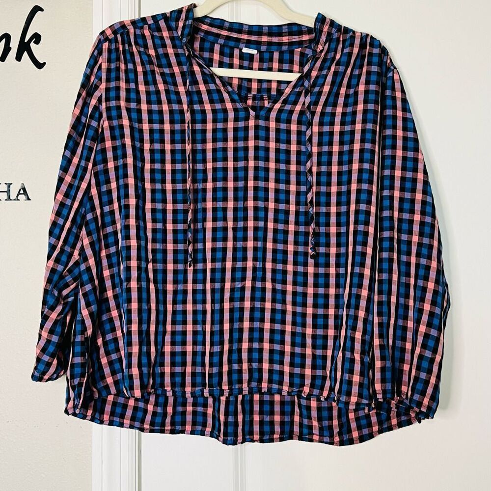 Old Navy Checkered 3/4 Sleeve V-neck Womens Oversized Blue & Pink Top Size Med